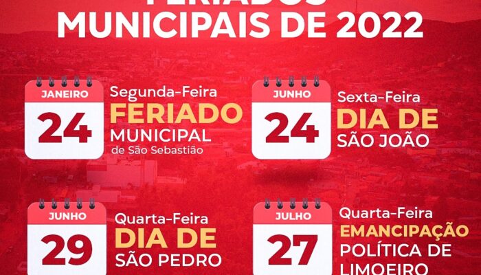 Prefeitura de Limoeiro divulga calendário de feriados municipais de 2022